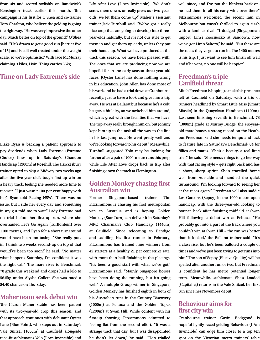from six and scored stylishly on Randwick’s Kensington track earlier this month. This campaign is his first for O’She...