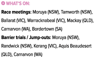 ￼ What's on: Race meetings: Moruya (NSW), Tamworth (NSW), Ballarat (VIC), Warracknabeal (VIC), Mackay (QLD), Carnarvo...