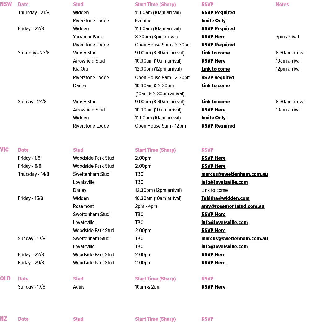 NSW Date Stud Start Time (Sharp) RSVP Notes Thursday 21/8 Widden 11.00am (10am arrival) RSVP Required Riverstone Lodg...