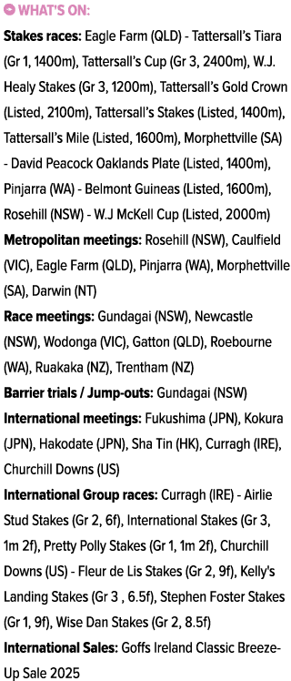 ￼ What's on: Stakes races: Eagle Farm (QLD) Tattersall’s Tiara (Gr 1, 1400m), Tattersall’s Cup (Gr 3, 2400m), W.J. He...