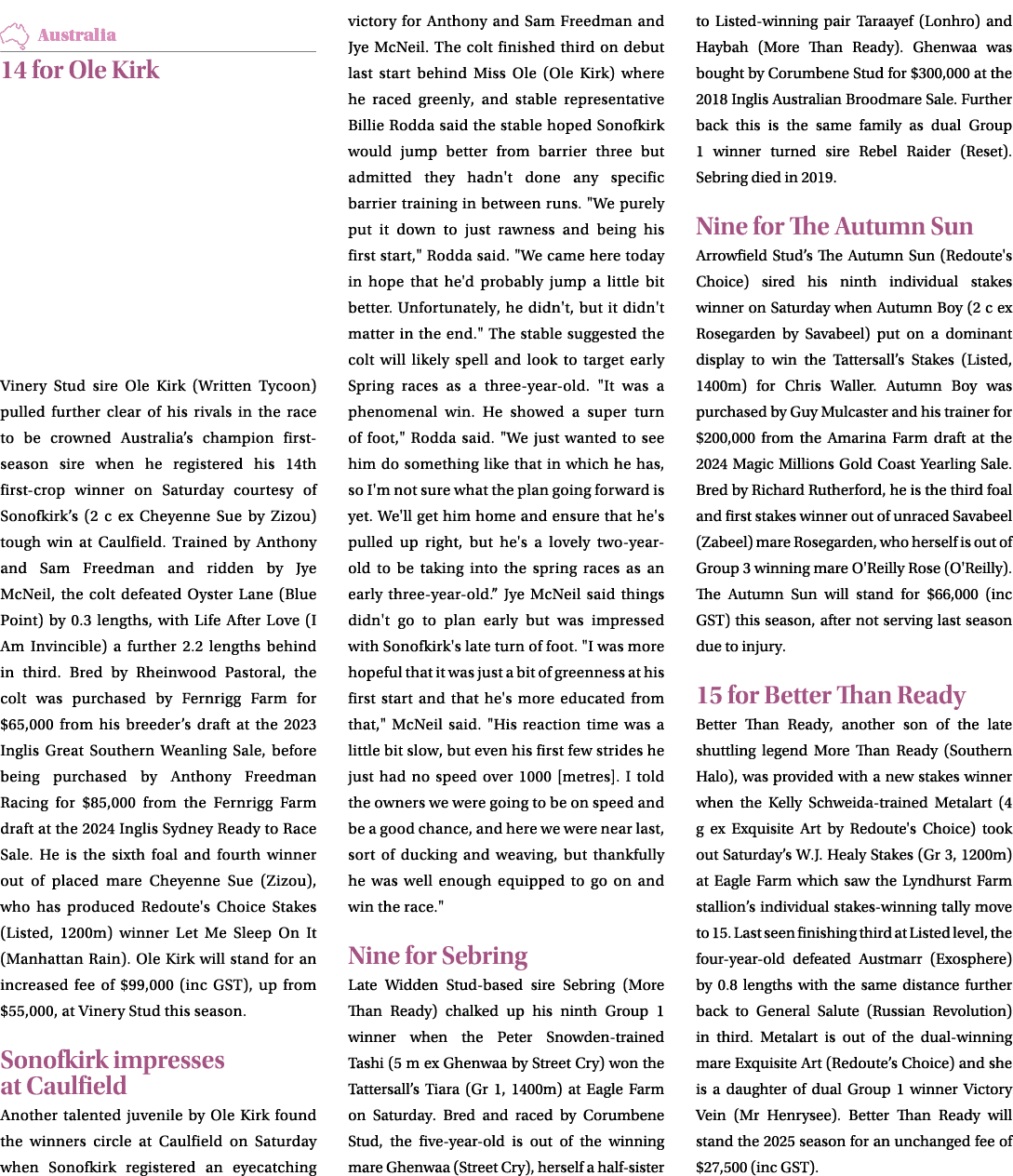 ￼ 14 for Ole Kirk Vinery Stud sire Ole Kirk (Written Tycoon) pulled further clear of his rivals in the race to be cro...