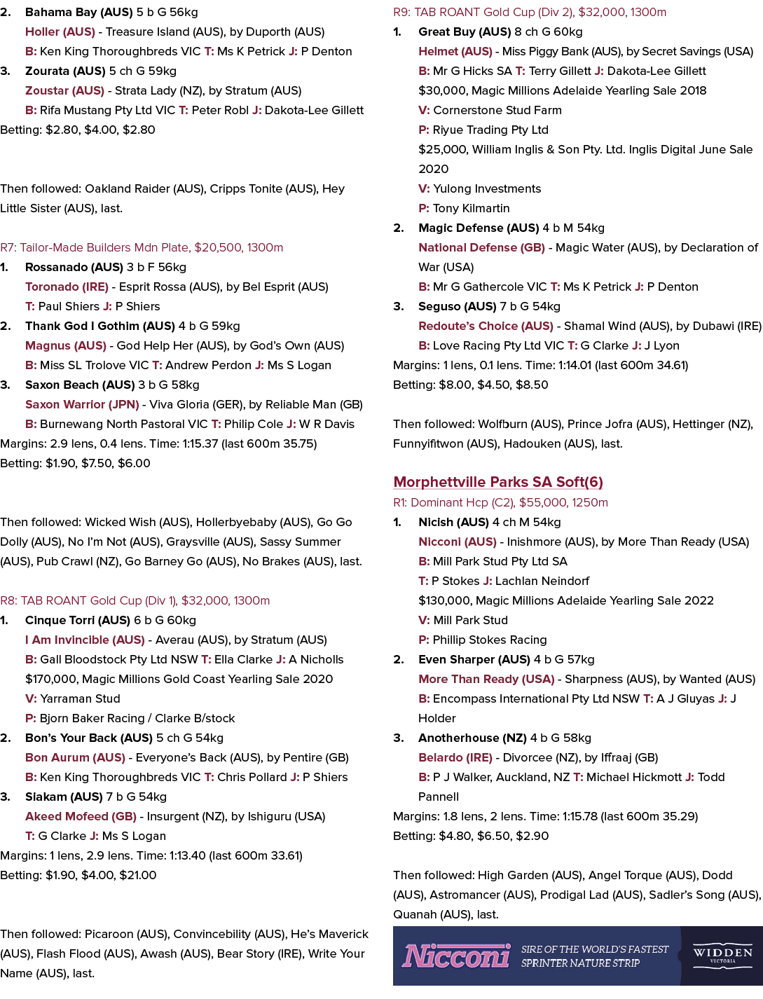 2. Bahama Bay (AUS) 5 b G 56kg Holler (AUS) Treasure Island (AUS), by Duporth (AUS) B: Ken King Thoroughbreds VIC T: ...