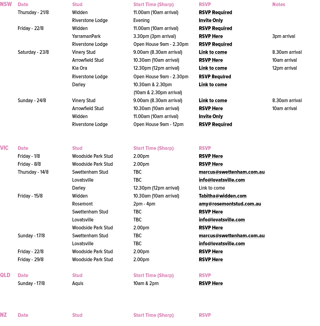 NSW Date Stud Start Time (Sharp) RSVP Notes Thursday 21/8 Widden 11.00am (10am arrival) RSVP Required Riverstone Lodg...