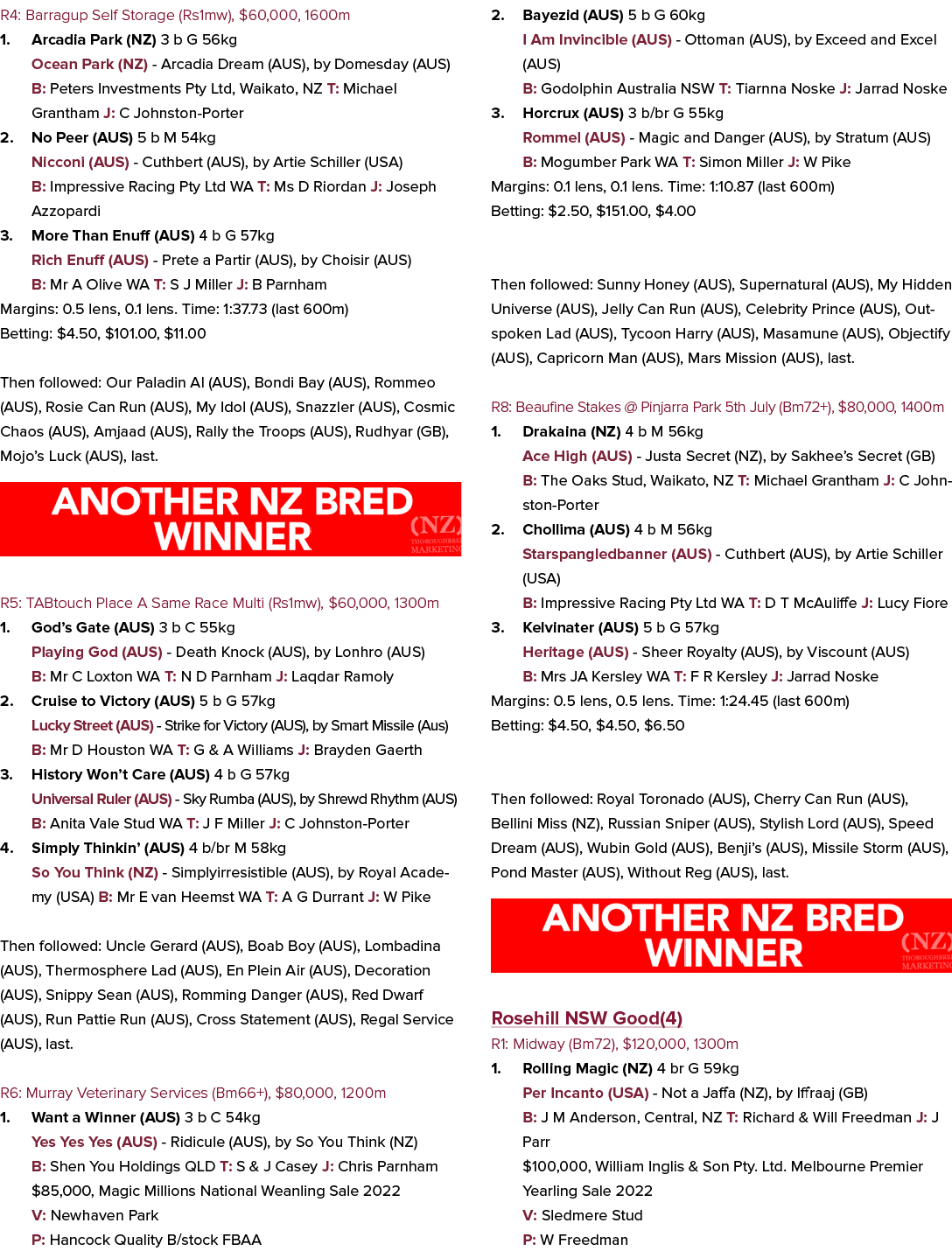 R4: Barragup Self Storage (Rs1mw), $60,000, 1600m 1. Arcadia Park (NZ) 3 b G 56kg Ocean Park (NZ) Arcadia Dream (AUS)...