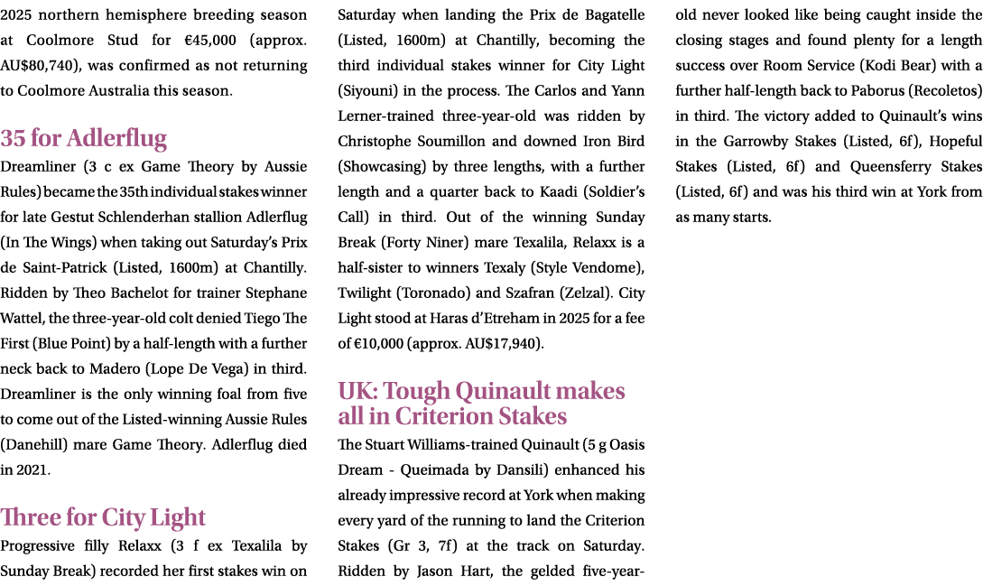 2025 northern hemisphere breeding season at Coolmore Stud for €45,000 (approx. AU$80,740), was confirmed as not retur...