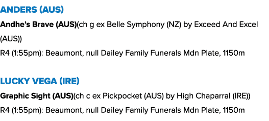 Anders (AUS) Andhe’s Brave (AUS)(ch g ex Belle Symphony (NZ) by Exceed And Excel (AUS)) R4 (1:55pm): Beaumont, null D...