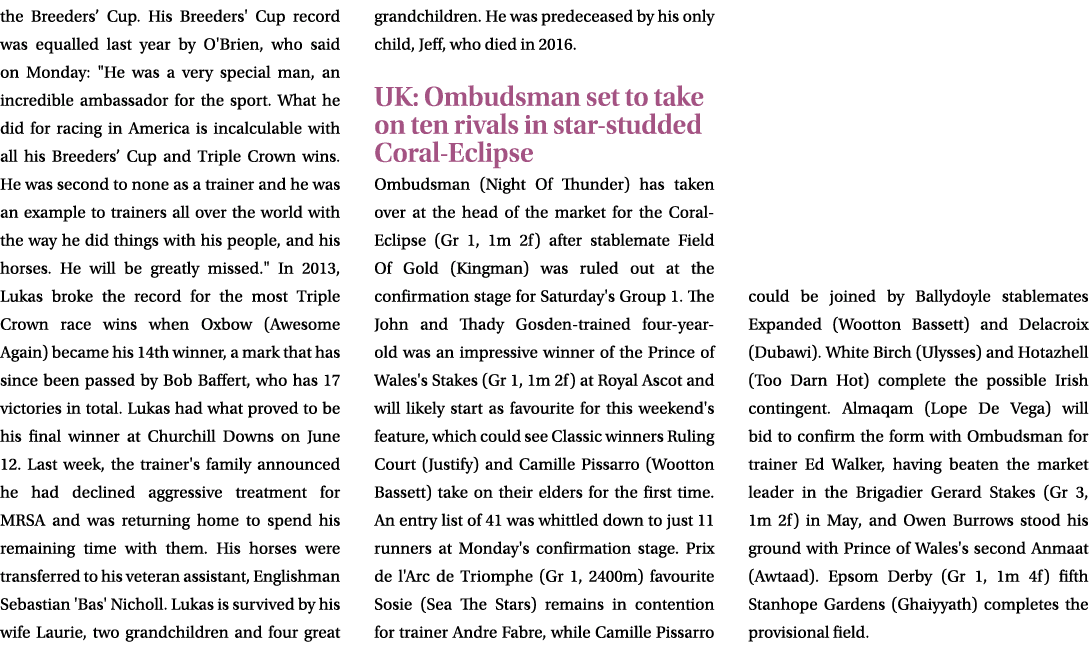 the Breeders’ Cup. His Breeders' Cup record was equalled last year by O'Brien, who said on Monday: \“He was a very sp...