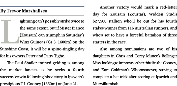 ￼ Lightning can’t possibly strike twice to the same extent, but if Mister Bianco (Zousain) can triumph in Saturday’s ...
