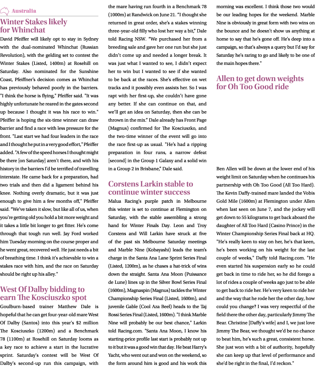 ￼ Winter Stakes likely for Whinchat David Pfeiffer will likely opt to stay in Sydney with the dual nominated Whinchat...