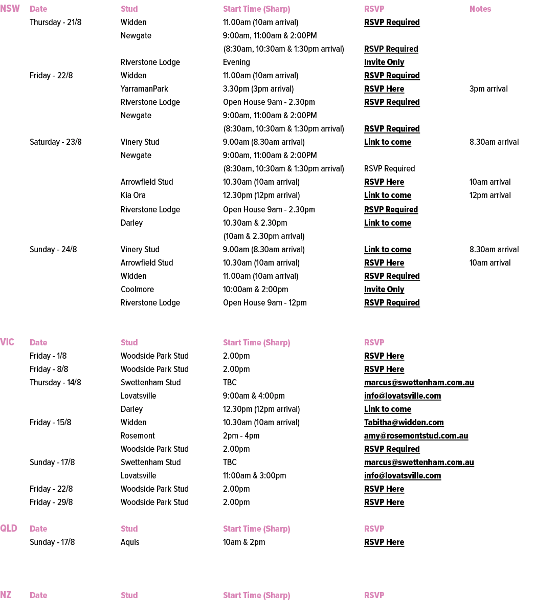 NSW Date Stud Start Time (Sharp) RSVP Notes Thursday 21/8 Widden 11.00am (10am arrival) RSVP Required Newgate 9:00am,...