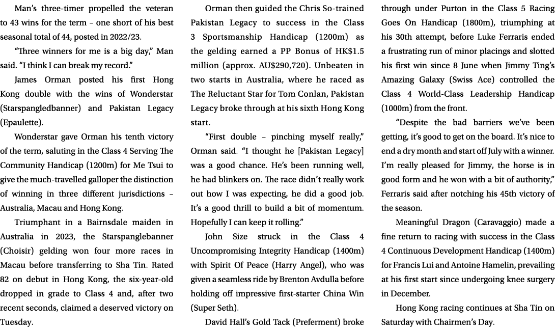 Man’s three timer propelled the veteran to 43 wins for the term – one short of his best seasonal total of 44, posted ...