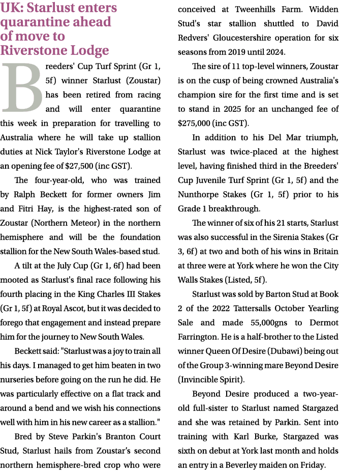 UK: Starlust enters quarantine ahead of move to Riverstone Lodge Breeders' Cup Turf Sprint (Gr 1, 5f) winner Starlust...