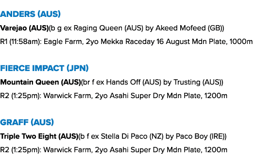 Anders (AUS) Varejao (AUS)(b g ex Raging Queen (AUS) by Akeed Mofeed (GB)) R1 (11:58am): Eagle Farm, 2yo Mekka Raceda...