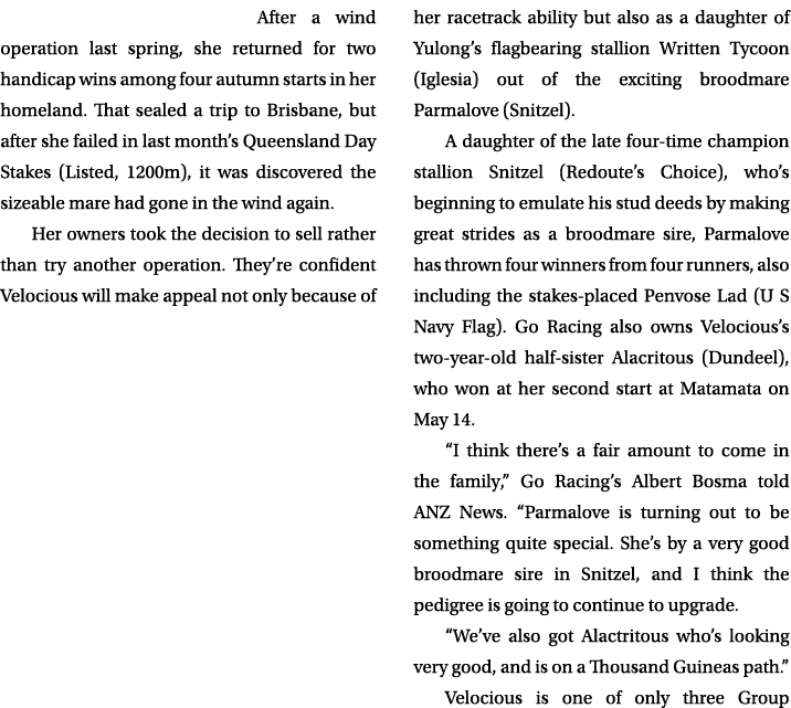 After a wind operation last spring, she returned for two handicap wins among four autumn starts in her homeland. That...