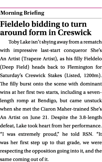  ￼ Fieldelo bidding to turn around form in Creswick Toby Lake isn’t shying away from a rematch with impressive last s...