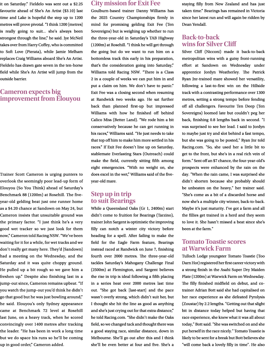 it on Saturday.” Fieldelo was sent out a $2.25 favourite ahead of She’s An Artist ($3.10) last time and Lake is hopef...
