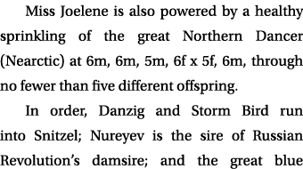 Miss Joelene is also powered by a healthy sprinkling of the great Northern Dancer (Nearctic) at 6m, 6m, 5m, 6f x 5f, ...