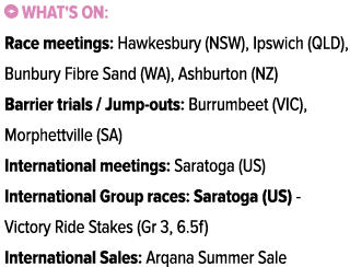 ￼ What's on: Race meetings: Hawkesbury (NSW), Ipswich (QLD), Bunbury Fibre Sand (WA), Ashburton (NZ) Barrier trials /...