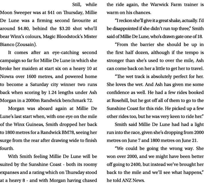 Still, while Moon Sweeper was at $41 on Thursday, Millie De Lune was a firming second favourite at around $4.80, behi...