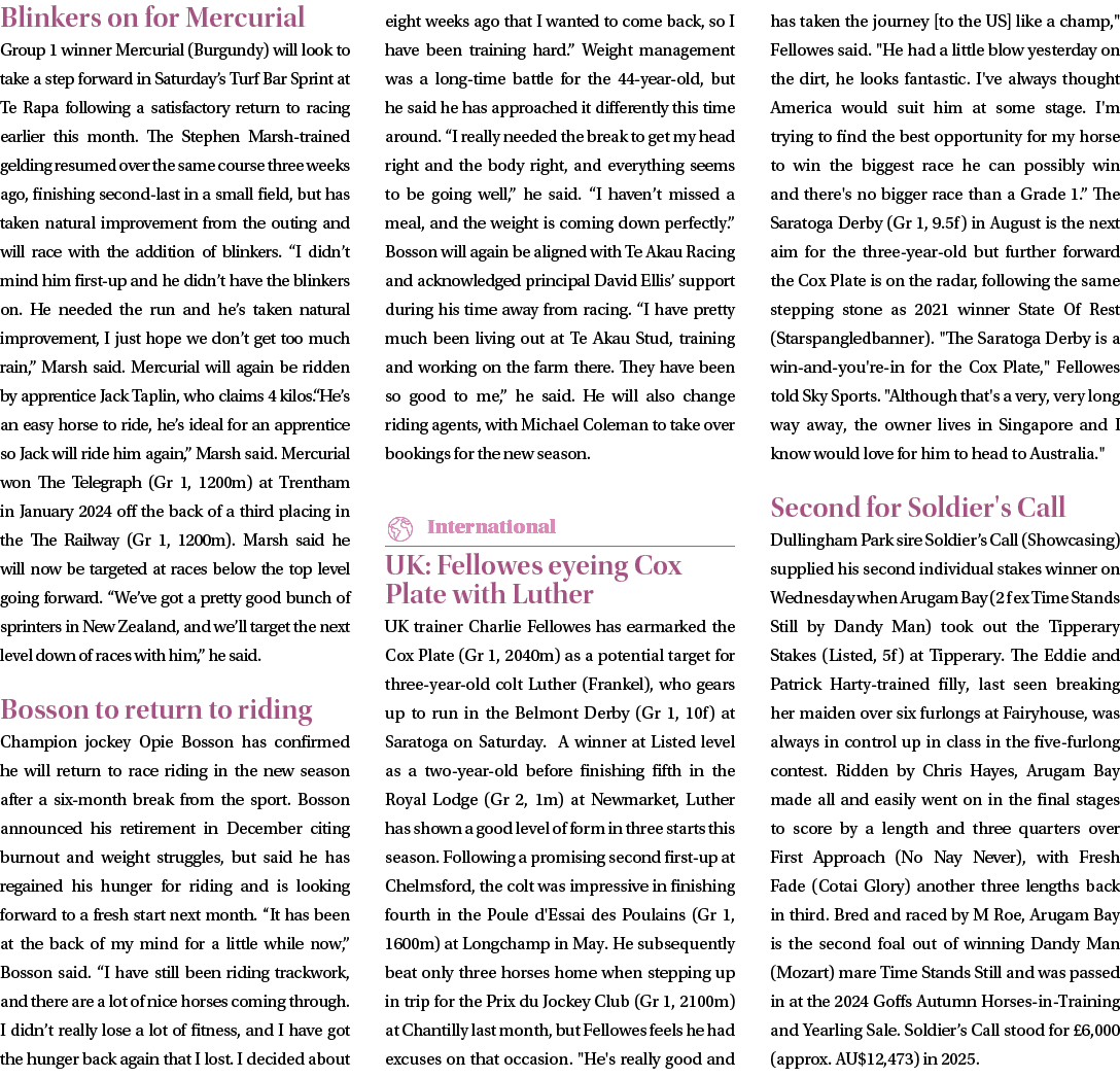 Blinkers on for Mercurial Group 1 winner Mercurial (Burgundy) will look to take a step forward in Saturday’s Turf Bar...