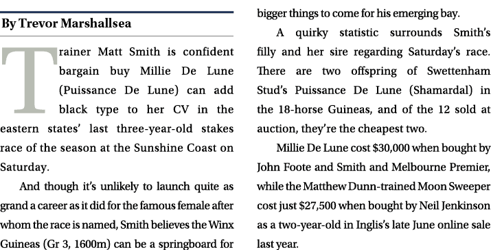 ￼ Trainer Matt Smith is confident bargain buy Millie De Lune (Puissance De Lune) can add black type to her CV in the ...