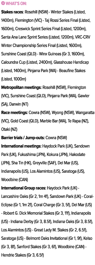 ￼ What's on: Stakes races: Rosehill (NSW) Winter Stakes (Listed, 1400m), Flemington (VIC) Taj Rossi Series Final (Lis...