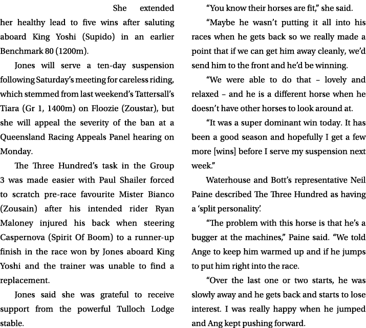 She extended her healthy lead to five wins after saluting aboard King Yoshi (Supido) in an earlier Benchmark 80 (1200...