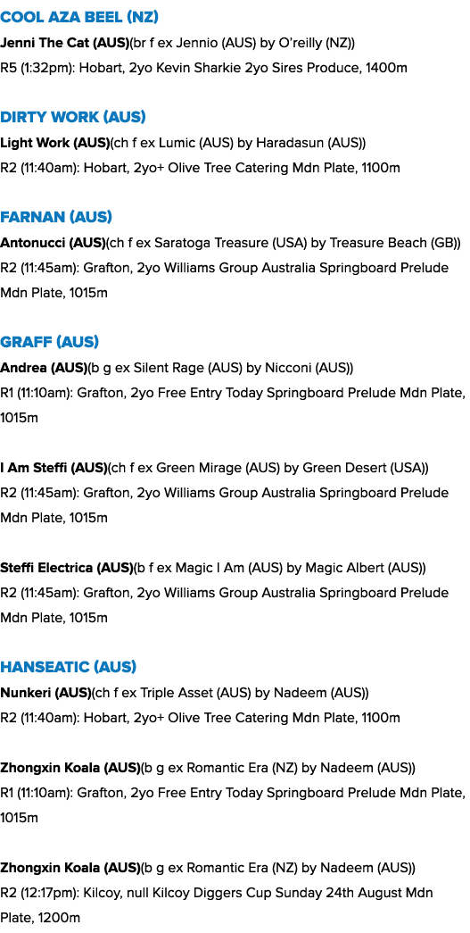 Cool Aza Beel (NZ) Jenni The Cat (AUS)(br f ex Jennio (AUS) by O’reilly (NZ)) R5 (1:32pm): Hobart, 2yo Kevin Sharkie ...