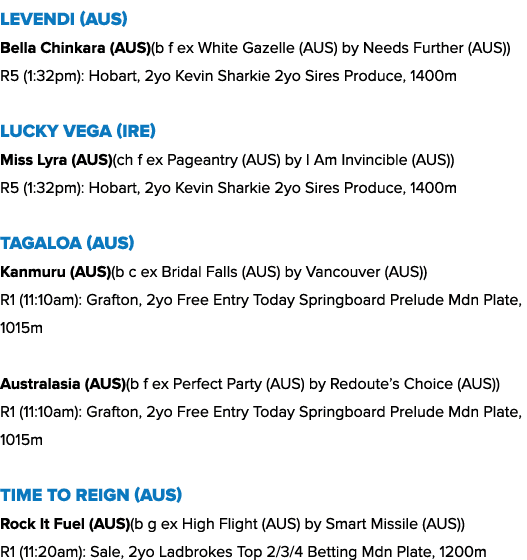 Levendi (AUS) Bella Chinkara (AUS)(b f ex White Gazelle (AUS) by Needs Further (AUS)) R5 (1:32pm): Hobart, 2yo Kevin ...