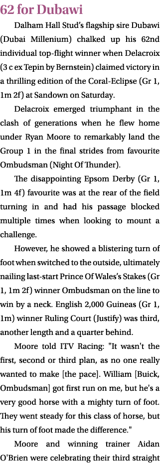 62 for Dubawi Dalham Hall Stud’s flagship sire Dubawi (Dubai Millenium) chalked up his 62nd individual top flight win...