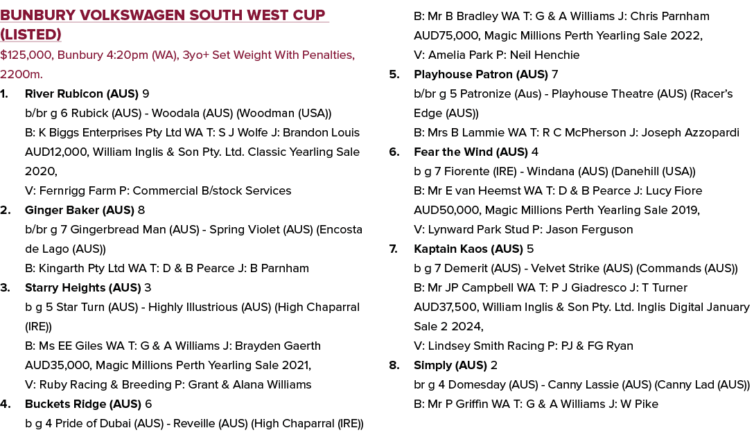 Bunbury Volkswagen South West Cup (Listed) $125,000, Bunbury 4:20pm (WA), 3yo+ Set Weight With Penalties, 2200m. 1. R...