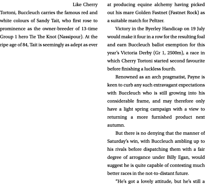 Like Cherry Tortoni, Buccleuch carries the famous red and white colours of Sandy Tait, who first rose to prominence a...