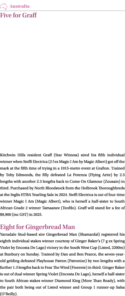 ￼ Five for Graff Kitchwin Hills resident Graff (Star Witness) sired his fifth individual winner when Steffi Electrica...