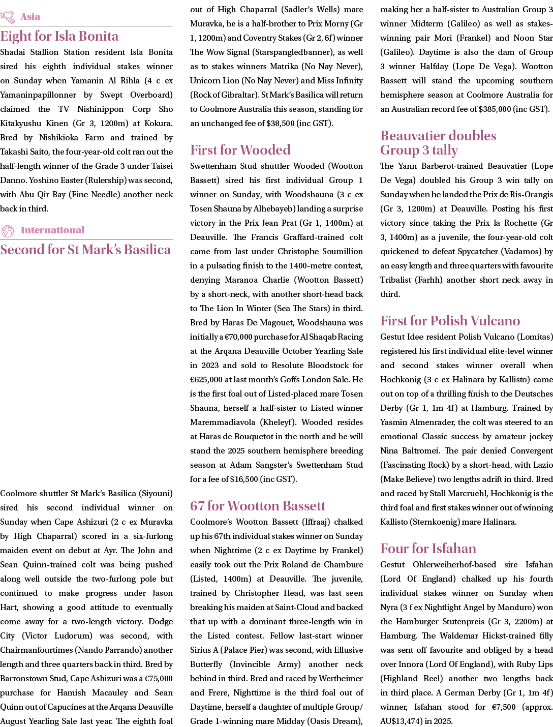 ￼ Eight for Isla Bonita Shadai Stallion Station resident Isla Bonita sired his eighth individual stakes winner on Sun...