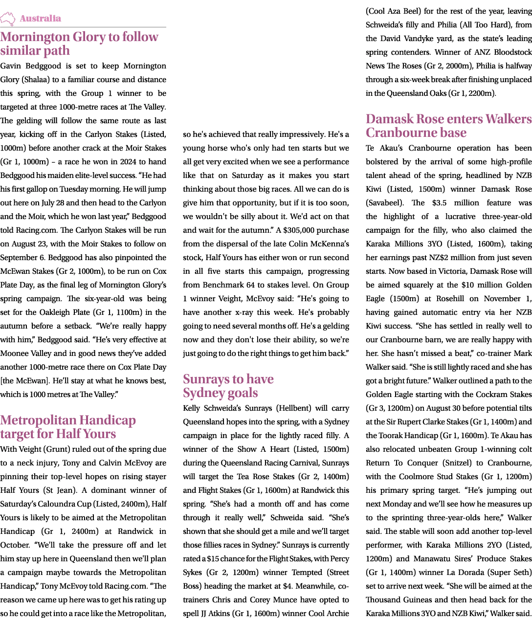 ￼ Mornington Glory to follow similar path Gavin Bedggood is set to keep Mornington Glory (Shalaa) to a familiar cours...