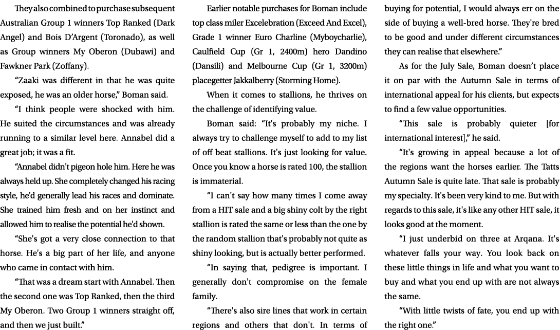 They also combined to purchase subsequent Australian Group 1 winners Top Ranked (Dark Angel) and Bois D’Argent (Toron...