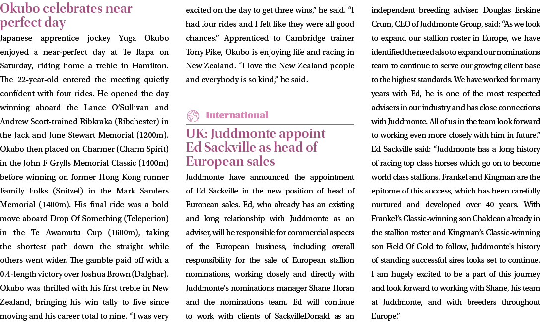 Okubo celebrates near perfect day Japanese apprentice jockey Yuga Okubo enjoyed a near perfect day at Te Rapa on Satu...