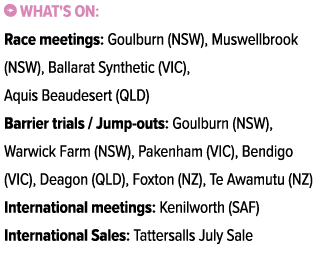 ￼ What's on: Race meetings: Goulburn (NSW), Muswellbrook (NSW), Ballarat Synthetic (VIC), Aquis Beaudesert (QLD) Barr...