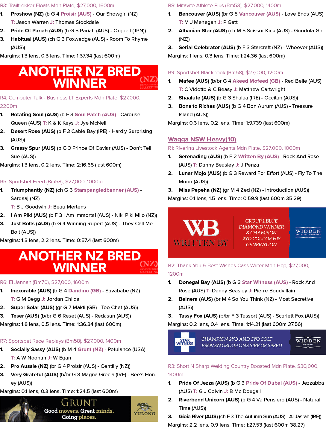 R3: Trailtrekker Floats Mdn Plate, $27,000, 1600m 1. Proshow (NZ) (b G 4 Proisir (AUS) Our Showgirl (NZ) T: Jason War...