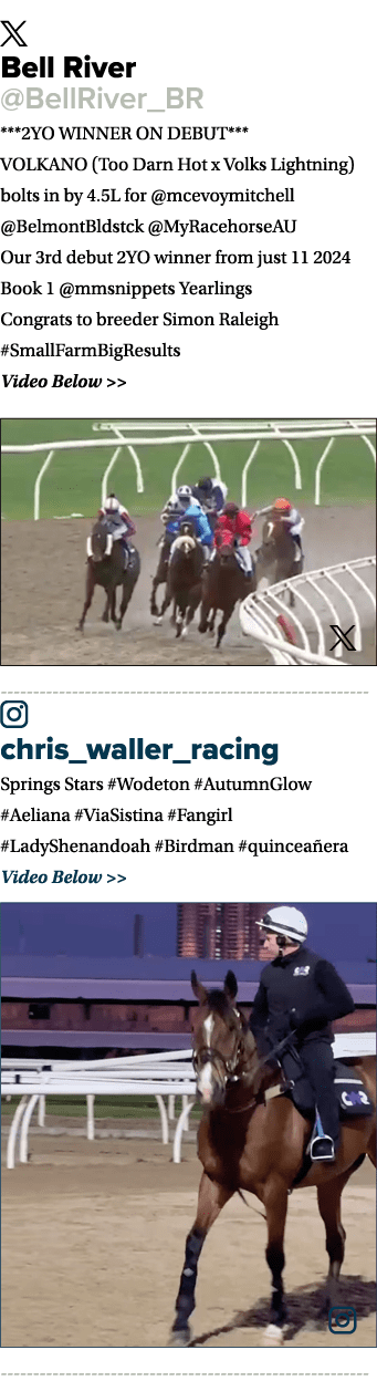 ￼ Bell River @BellRiver_BR ***2YO WINNER ON DEBUT*** VOLKANO (Too Darn Hot x Volks Lightning) bolts in by 4.5L for @m...