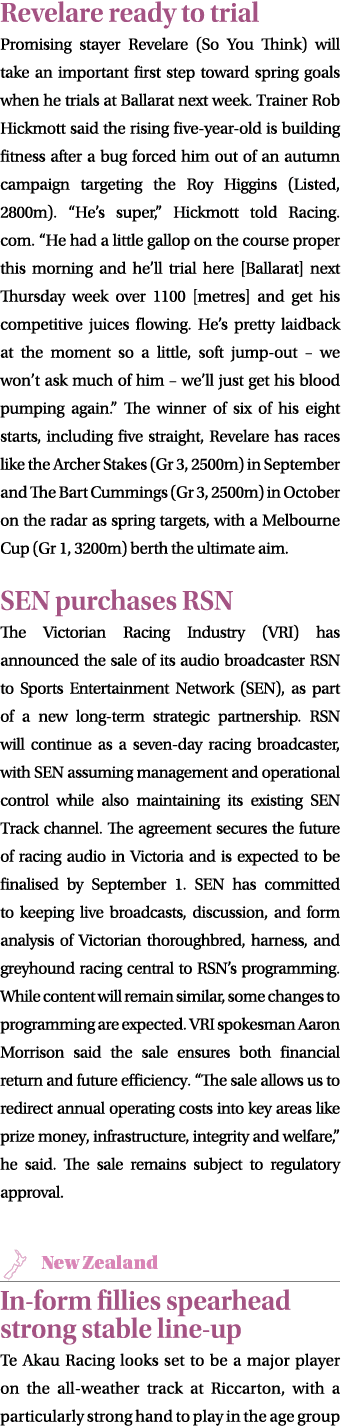 Revelare ready to trial Promising stayer Revelare (So You Think) will take an important first step toward spring goal...
