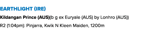 EARTHLIGHT (IRE) Kildangan Prince (AUS)(b g ex Euryale (AUS) by Lonhro (AUS)) R2 (1:04pm): Pinjarra, Kwik N Kleen Mai...