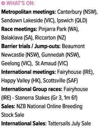 ￼ What's on: Metropolitan meetings: Canterbury (NSW), Sandown Lakeside (VIC), Ipswich (QLD) Race meetings: Pinjarra P...