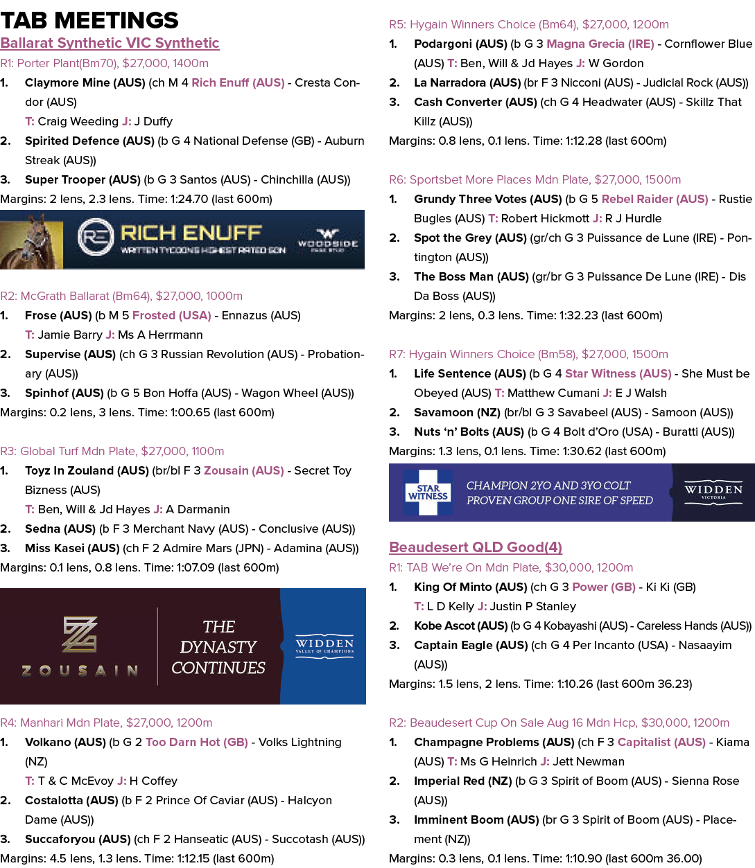 Tab Meetings Ballarat Synthetic VIC Synthetic R1: Porter Plant(Bm70), $27,000, 1400m 1. Claymore Mine (AUS) (ch M 4 R...