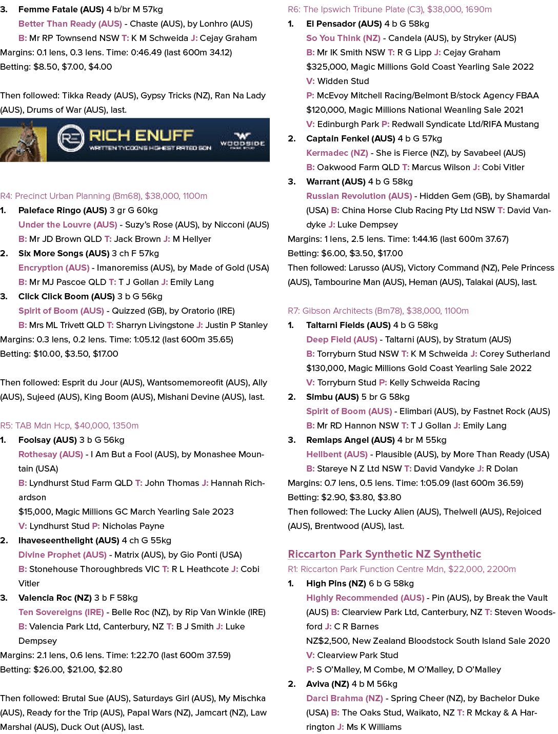 3. Femme Fatale (AUS) 4 b/br M 57kg Better Than Ready (AUS) Chaste (AUS), by Lonhro (AUS) B: Mr RP Townsend NSW T: K ...