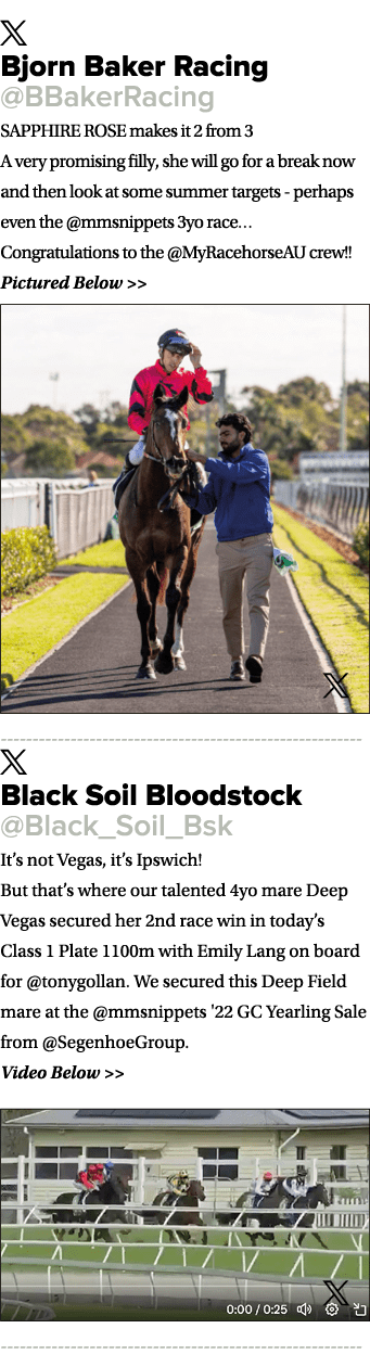 ￼ Bjorn Baker Racing @BBakerRacing SAPPHIRE ROSE makes it 2 from 3 A very promising filly, she will go for a break no...