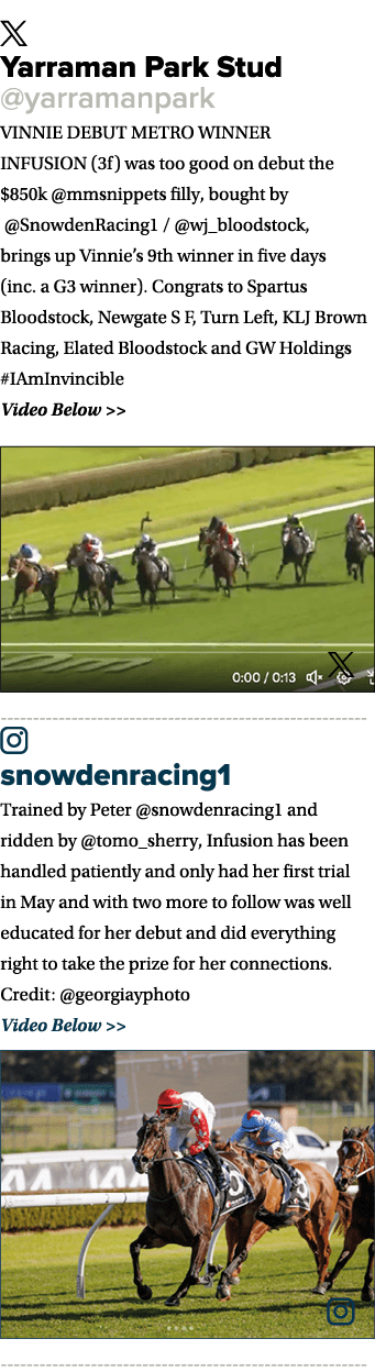 ￼ Yarraman Park Stud @yarramanpark VINNIE DEBUT METRO WINNER INFUSION (3f) was too good on debut the $850k @mmsnippet...
