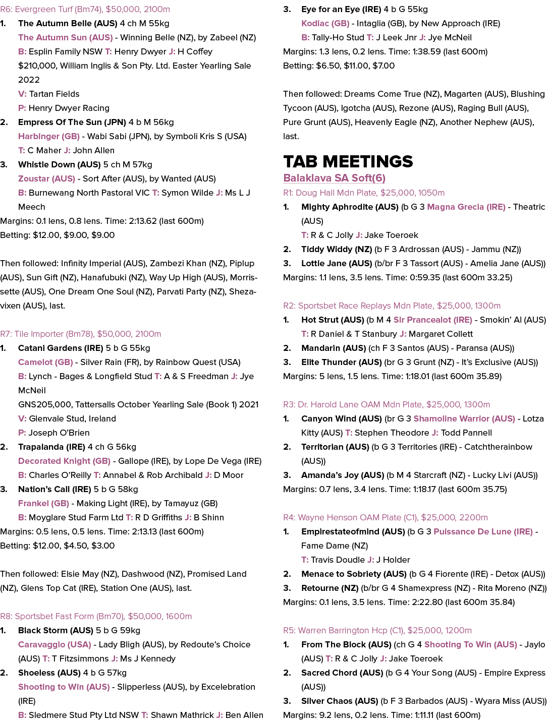 R6: Evergreen Turf (Bm74), $50,000, 2100m 1. The Autumn Belle (AUS) 4 ch M 55kg The Autumn Sun (AUS) Winning Belle (N...