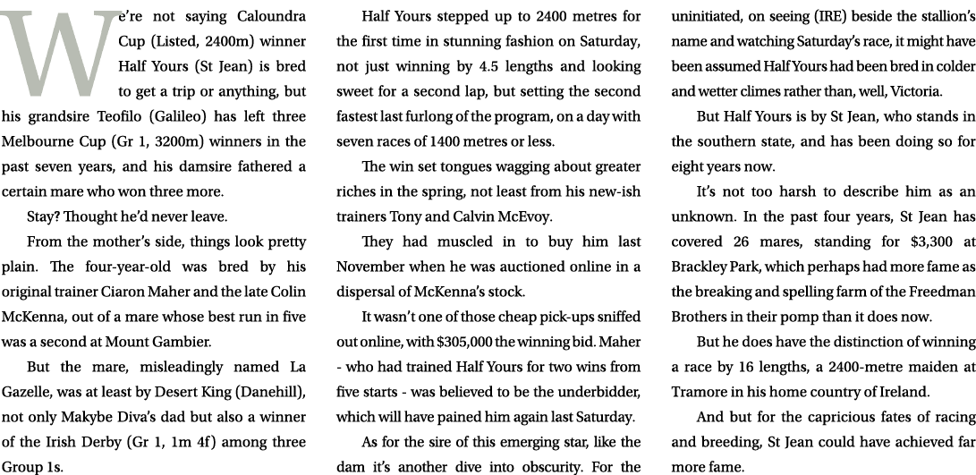 We’re not saying Caloundra Cup (Listed, 2400m) winner Half Yours (St Jean) is bred to get a trip or anything, but his...