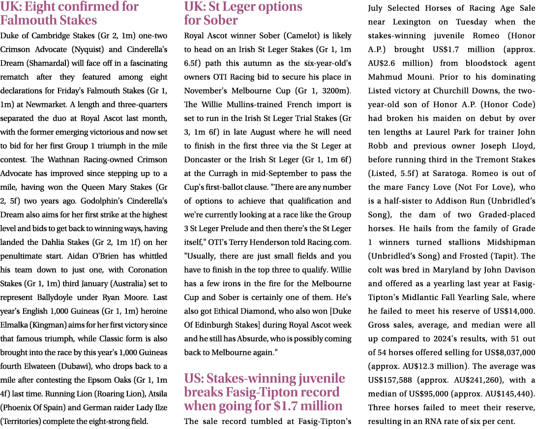 UK: Eight confirmed for Falmouth Stakes Duke of Cambridge Stakes (Gr 2, 1m) one two Crimson Advocate (Nyquist) and Ci...